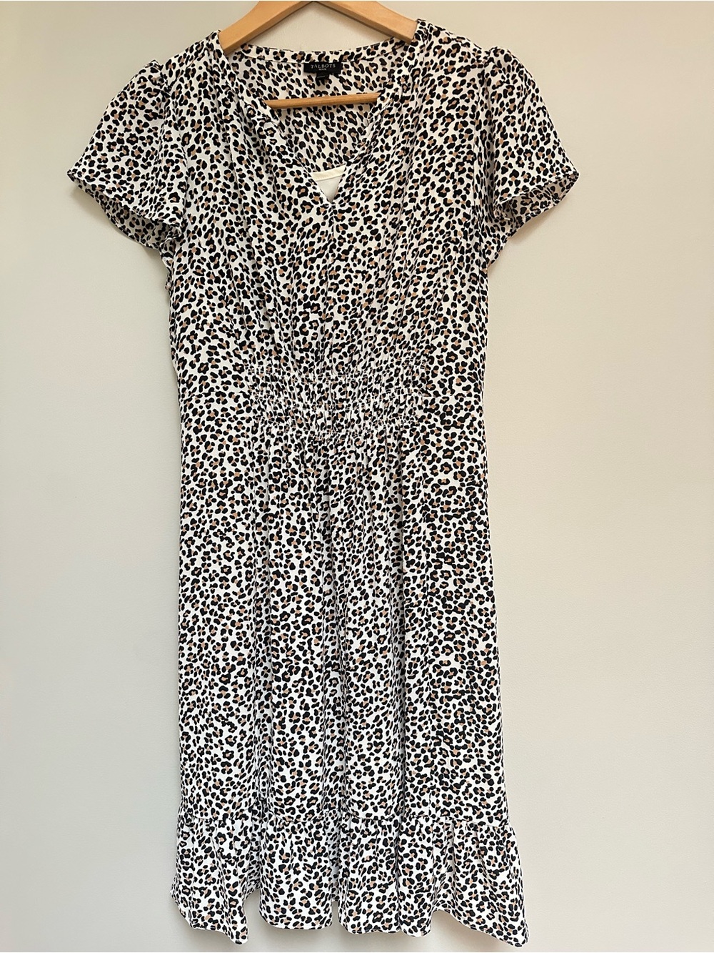Talbots Leopard Print Short Sleeve Midi Dress 6P Lined Ruched Waist